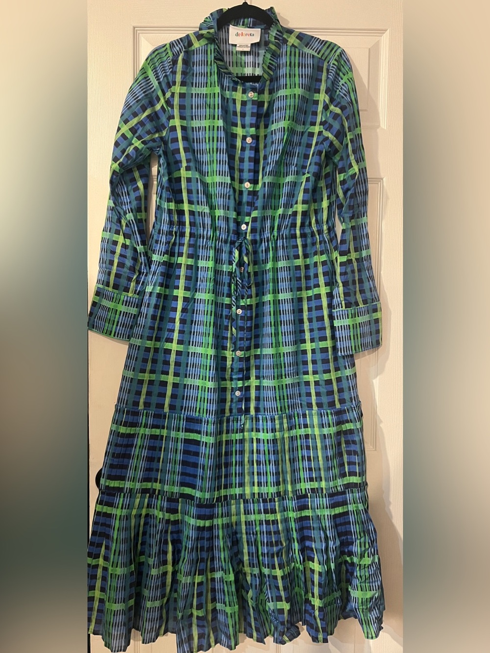 De Loreta Blue Green Plaid Long Sleeve Midi Dress Large